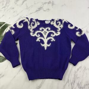 Christine Womens Vintage 80s Sweater Size L Purple White Angora Blend Beaded